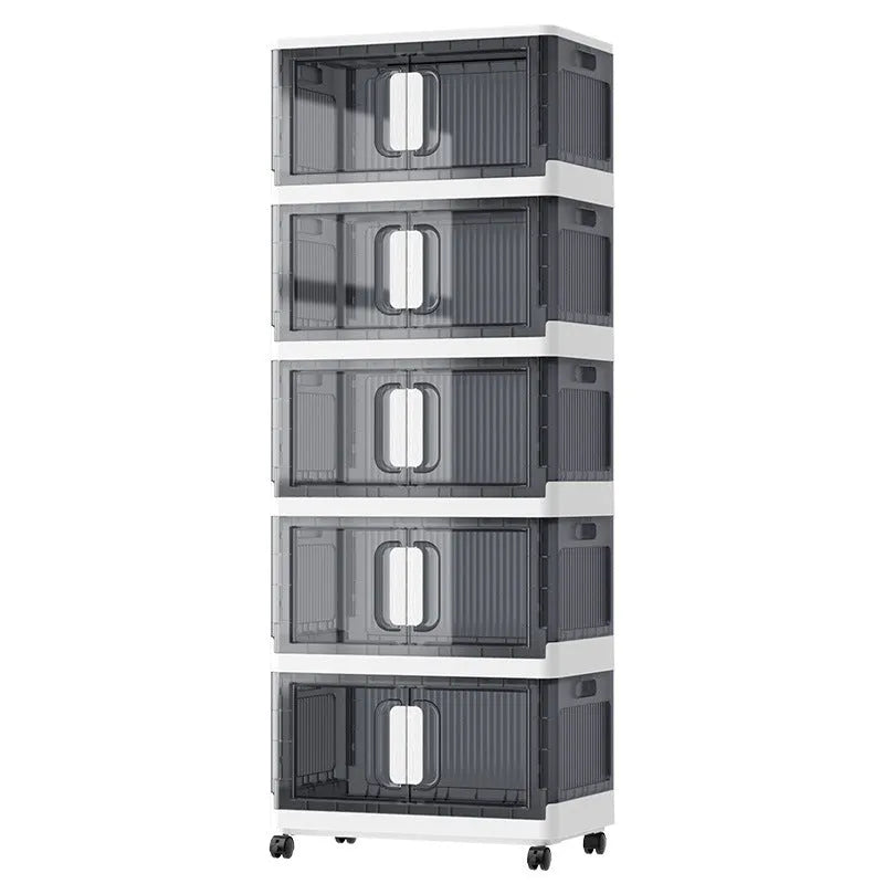 Foldable clothes storage locker with wheels in grey colour showing layered compartments for household organisation
