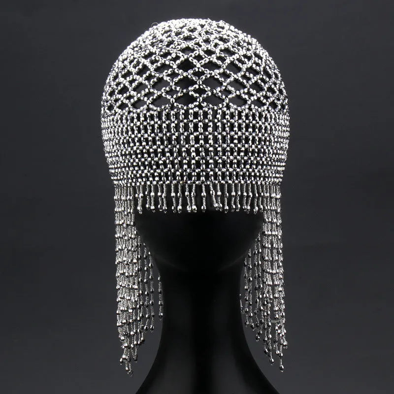 Silver or black alloy belly dance headpiece with decorative tile and beaded tassels