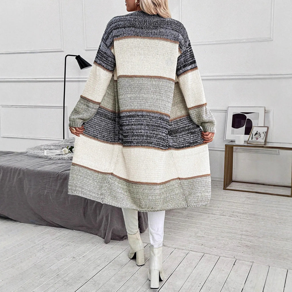 Grey stripe knitted women's cardigan with long sleeves and loose fit
