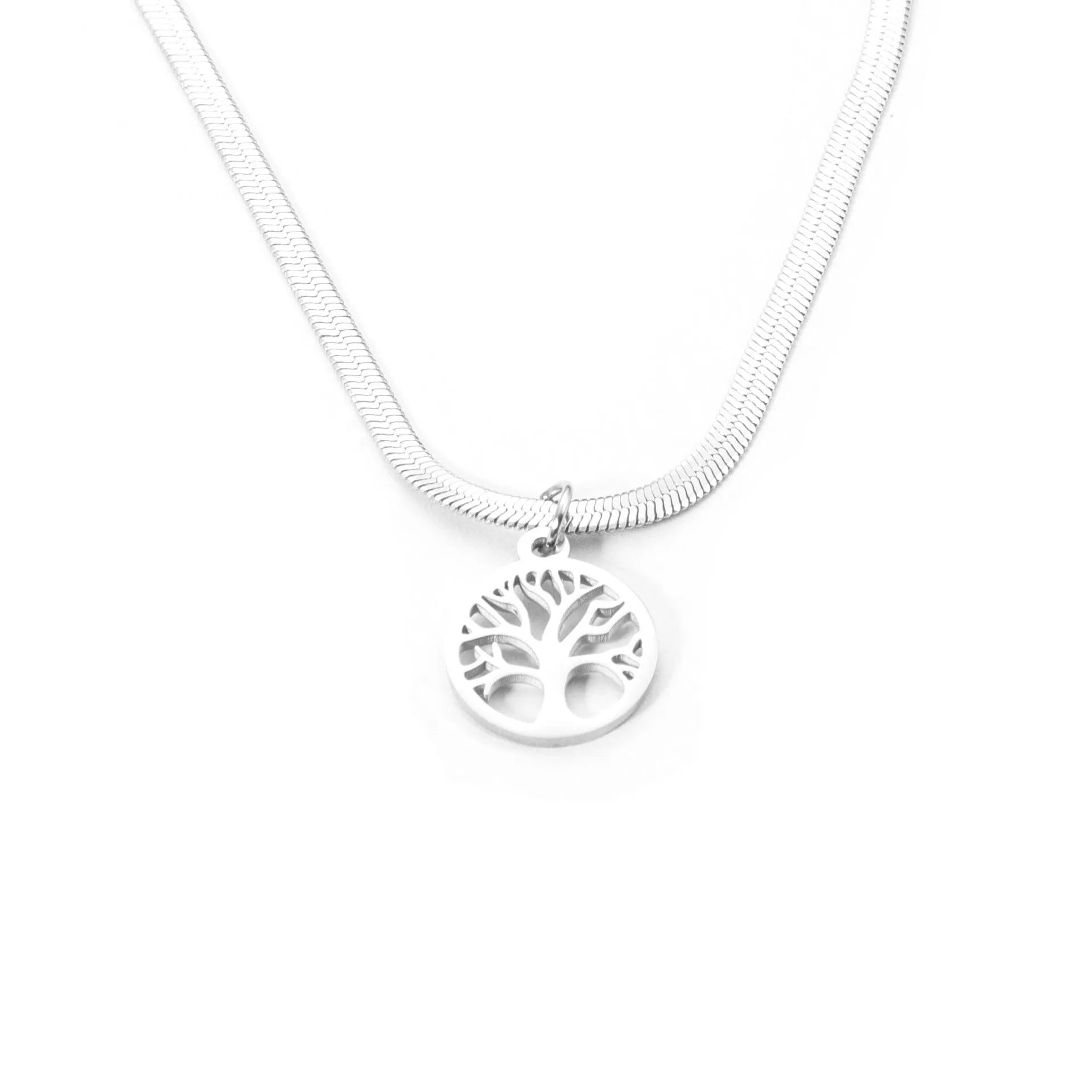 Stainless steel necklace with U-shaped tree pendant on adjustable snake bone chain in gold colour
