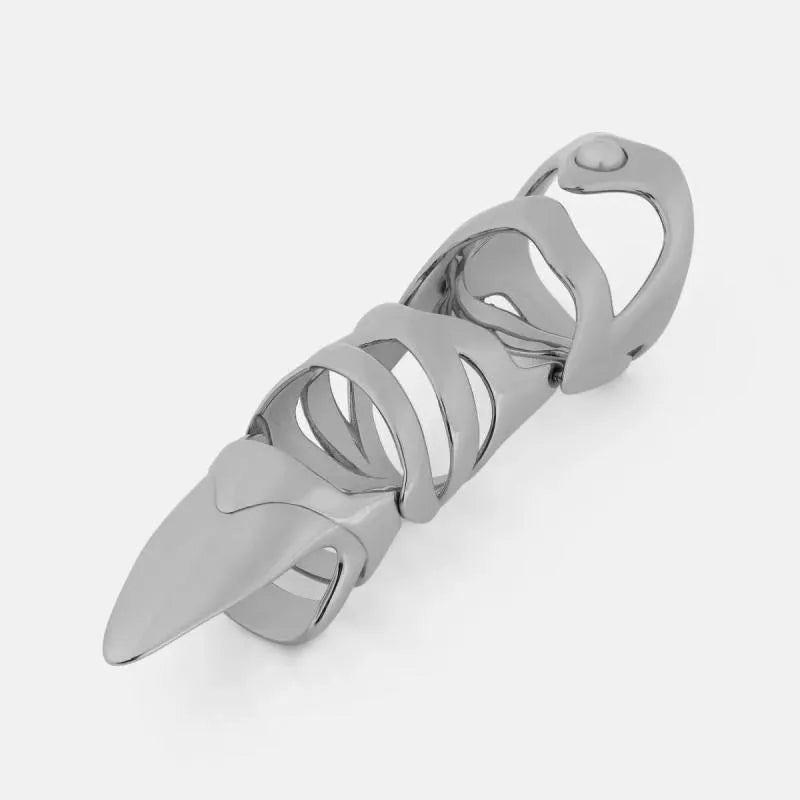 Silver alloy finger stall ring for punk and medieval armour costumes on a finger.