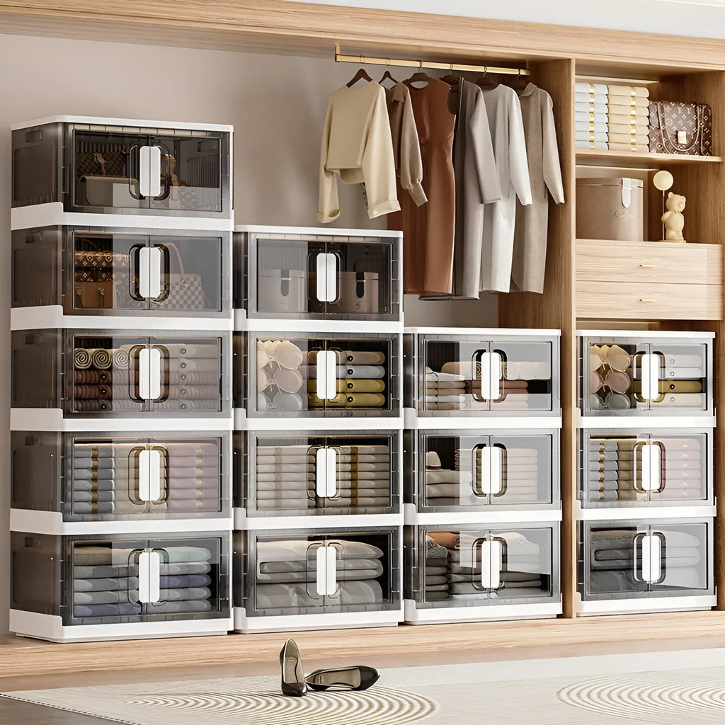 Foldable clothes storage locker with wheels in grey colour showing layered compartments for household organisation