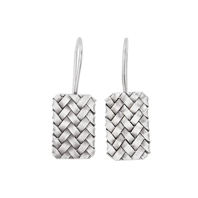 Silver geometric diamond earrings with woven plaid pattern, 17.5mm by 11mm
