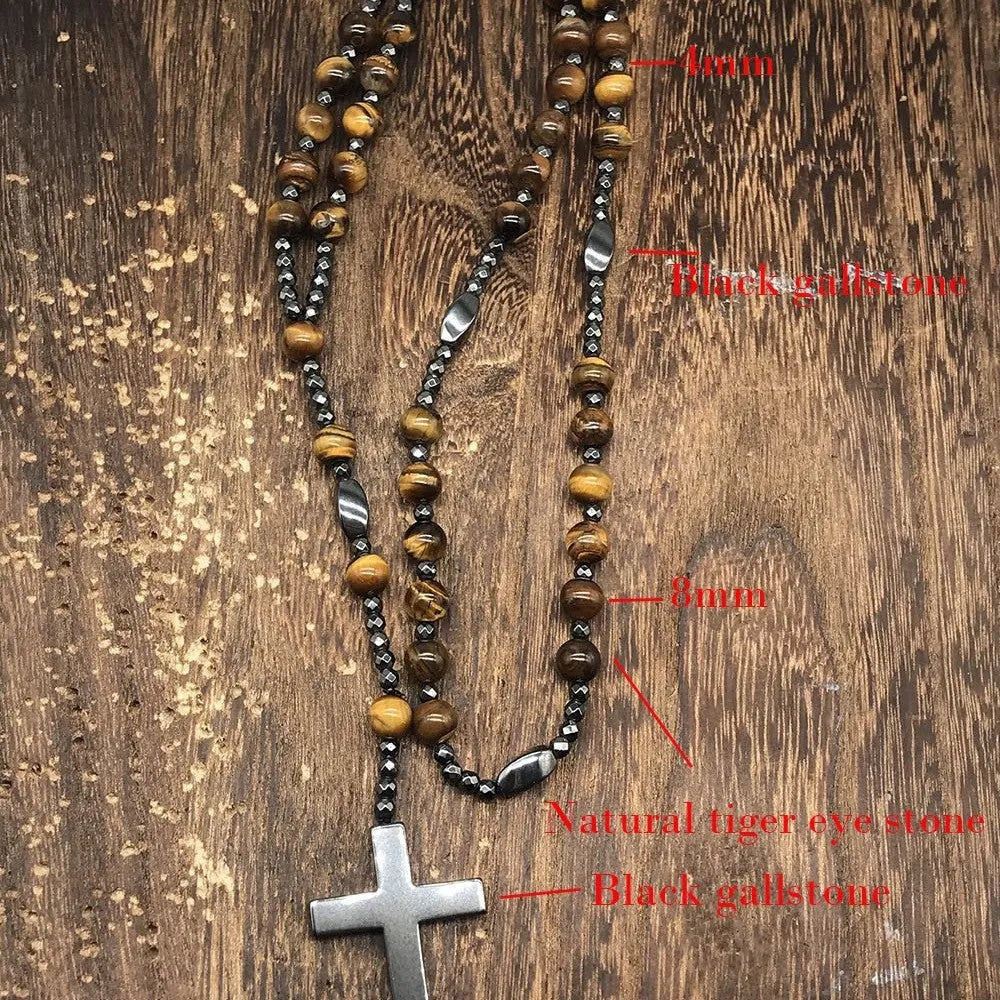 Men's stone cross pendant necklace with ball bead chain and safety lock fastening