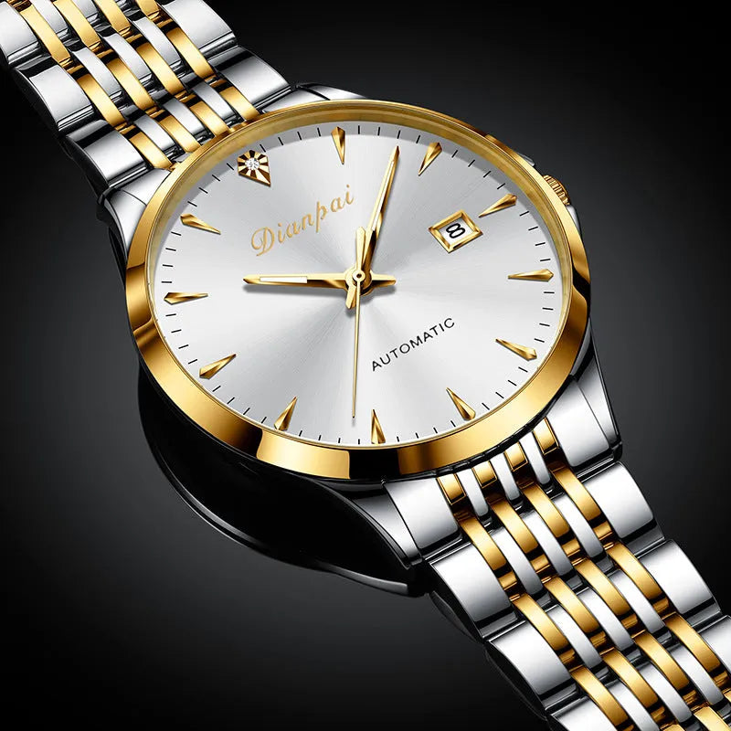 Men's simple dial automatic mechanical watch with stainless steel strap in golden black finish.