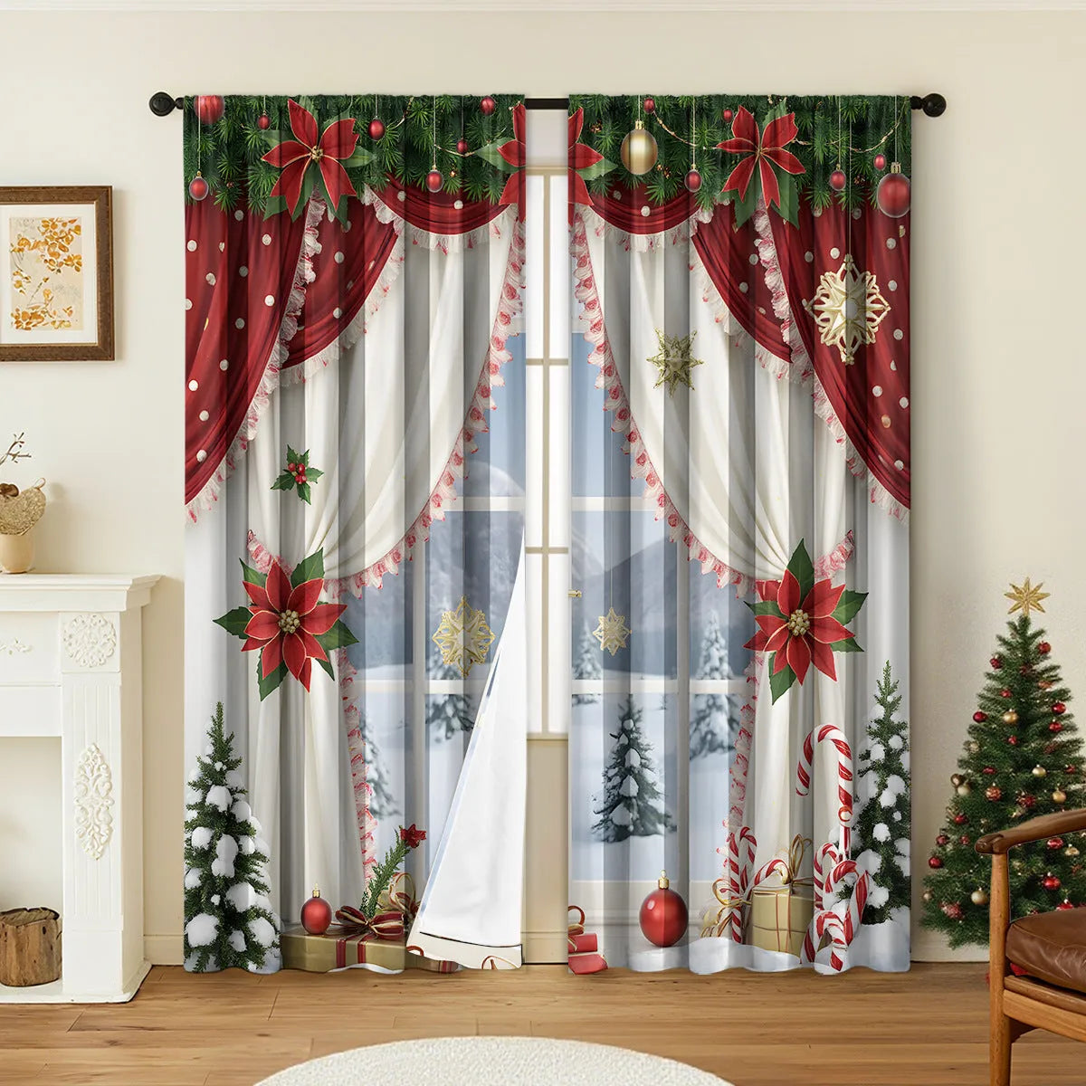 Pair of 3D digital printed Christmas curtains in polyester with European festive patterns hanging at window