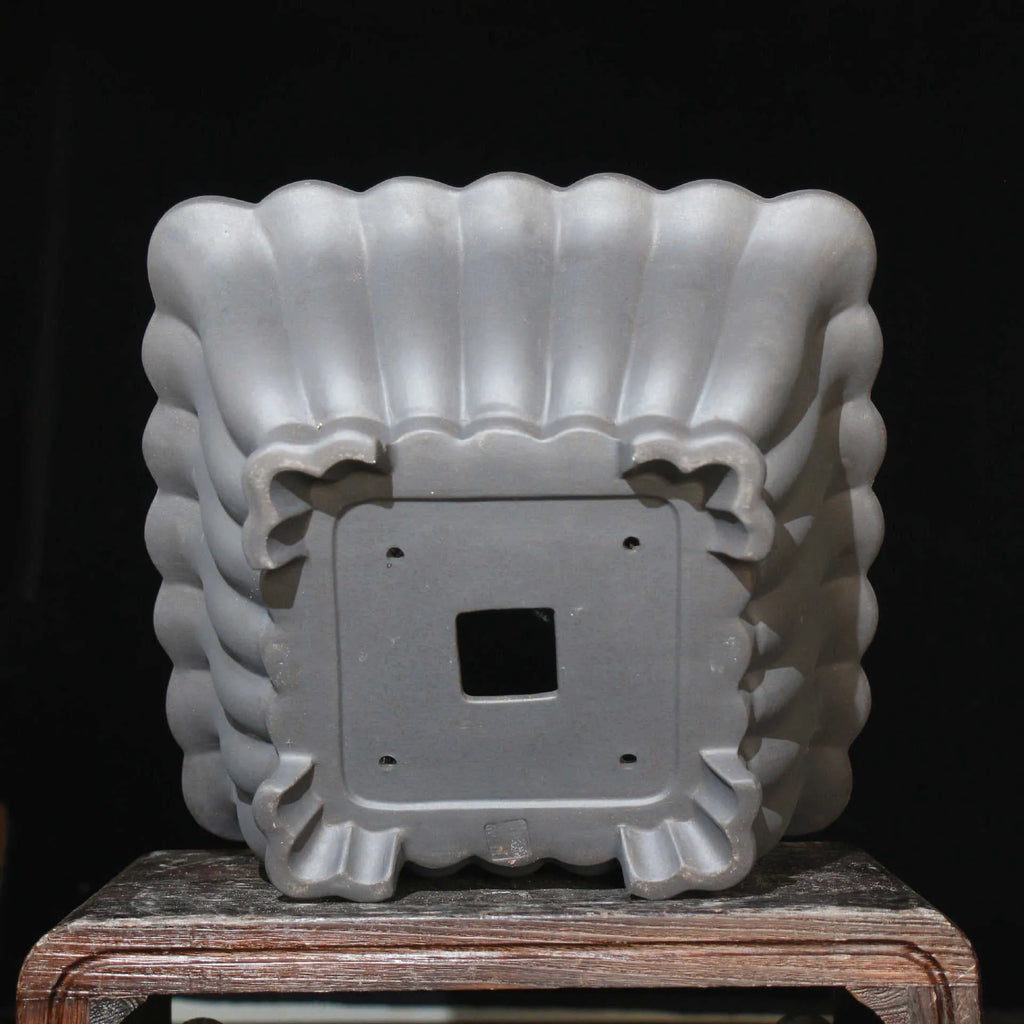 Square ceramic bonsai pot with purple sand glaze finish showing 37cm diameter measurement