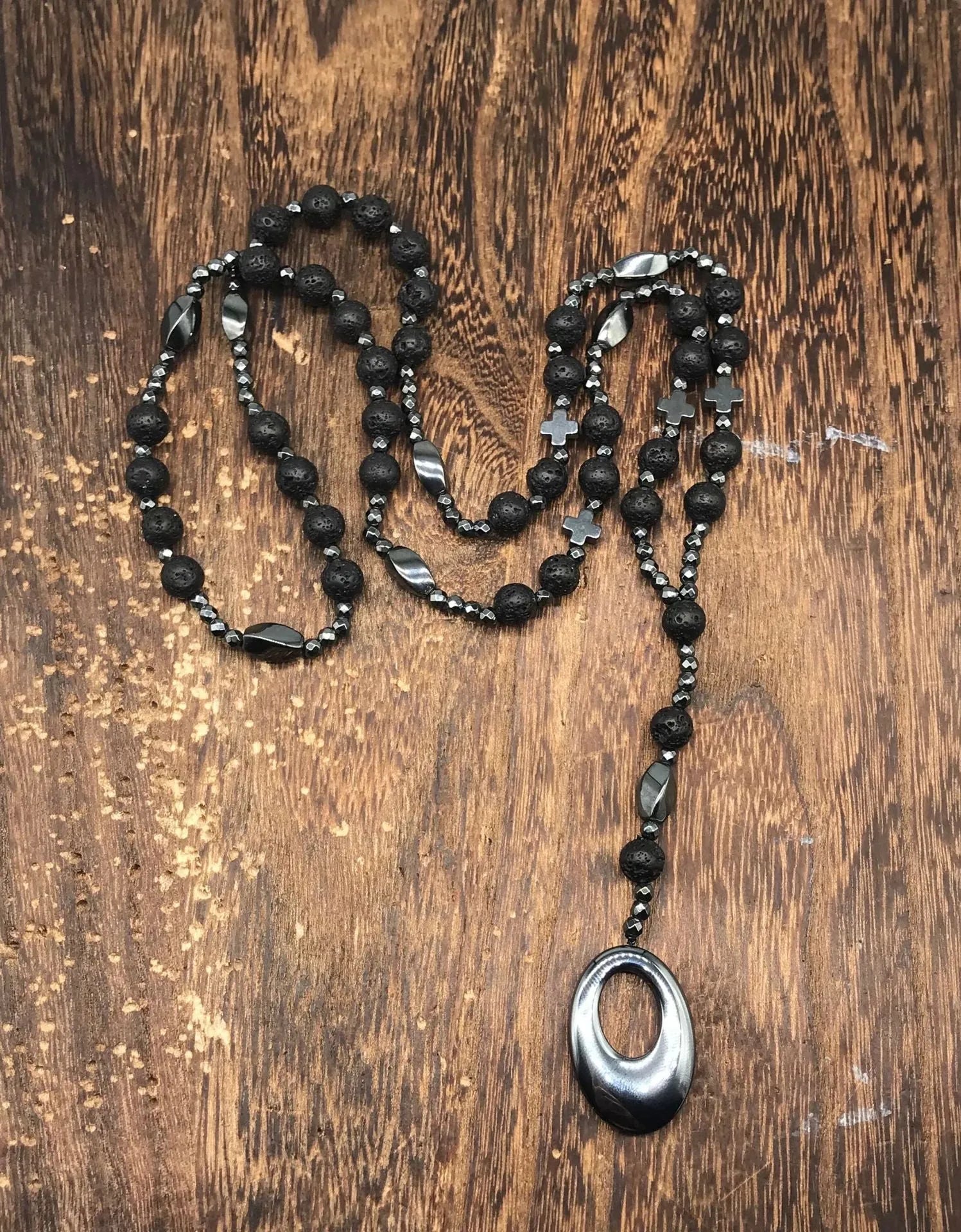 Men's stone cross pendant necklace with ball bead chain and safety lock fastening