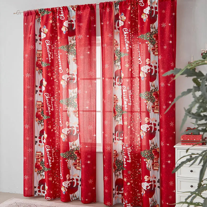 Printed polyester Christmas curtain with red plaid design showing semi-sunshade light filtering
