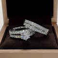A 2 in 1 set of fully-jewelled geometric rings for women, shown in rose gold, silver, and gold colour options.