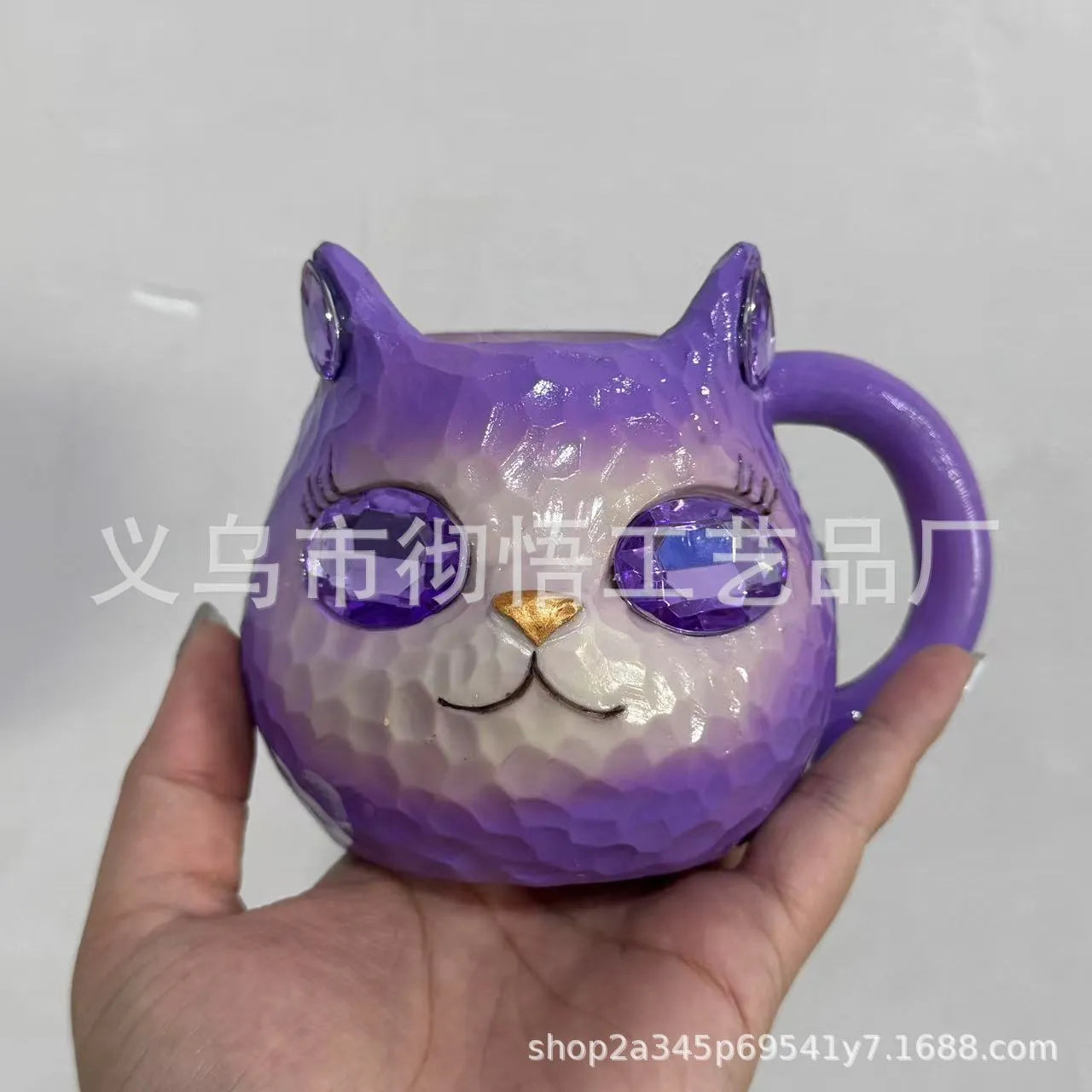 Crystal Earth decorative cat resin cup in American style, available in blue, green, pink, and purple colours.