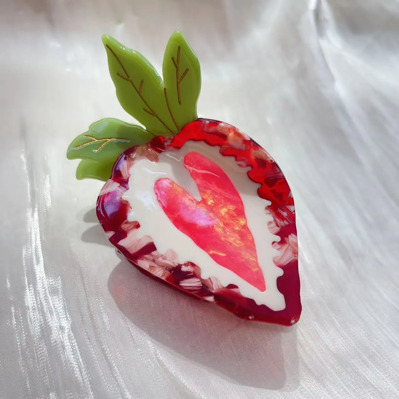 Handmade strawberry design hairpin for girls, shown in red and pink colour options.