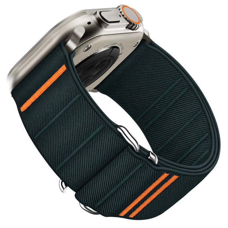 Elastic nylon Apple Watch band with stainless steel buckle shown in Army Green colour.