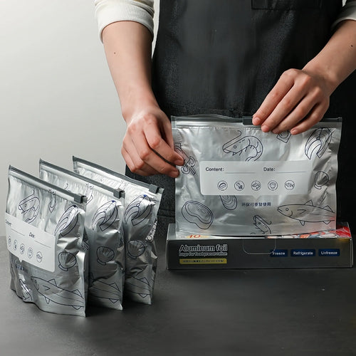 Pack of 10 aluminium foil sealed bags in small, medium, and large sizes for food storage.