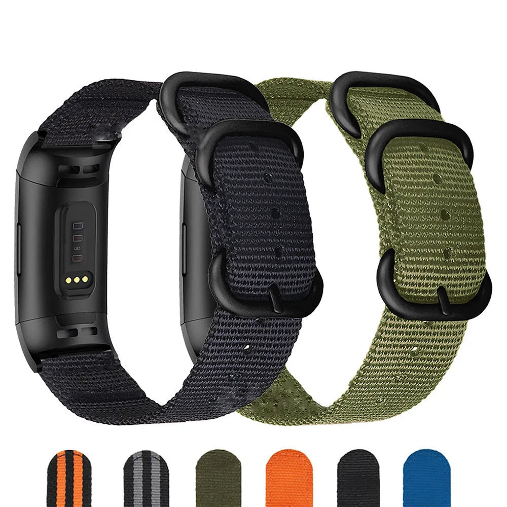 Fitbit Charge nylon watch strap with three-ring metal buckle shown in Army Green colour