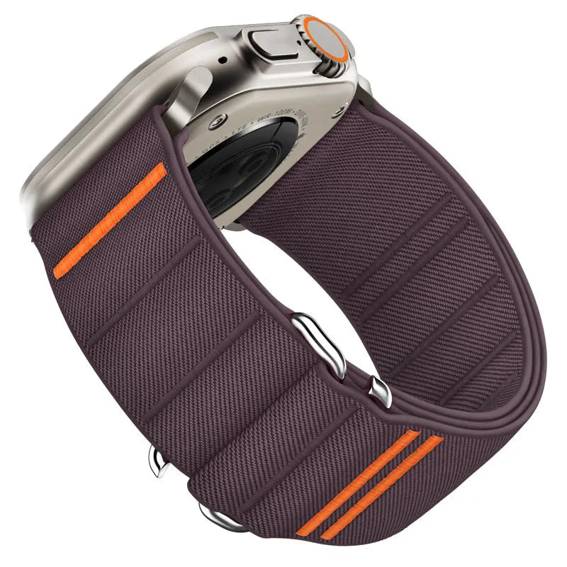 Elastic nylon Apple Watch band with stainless steel buckle shown in Army Green colour.