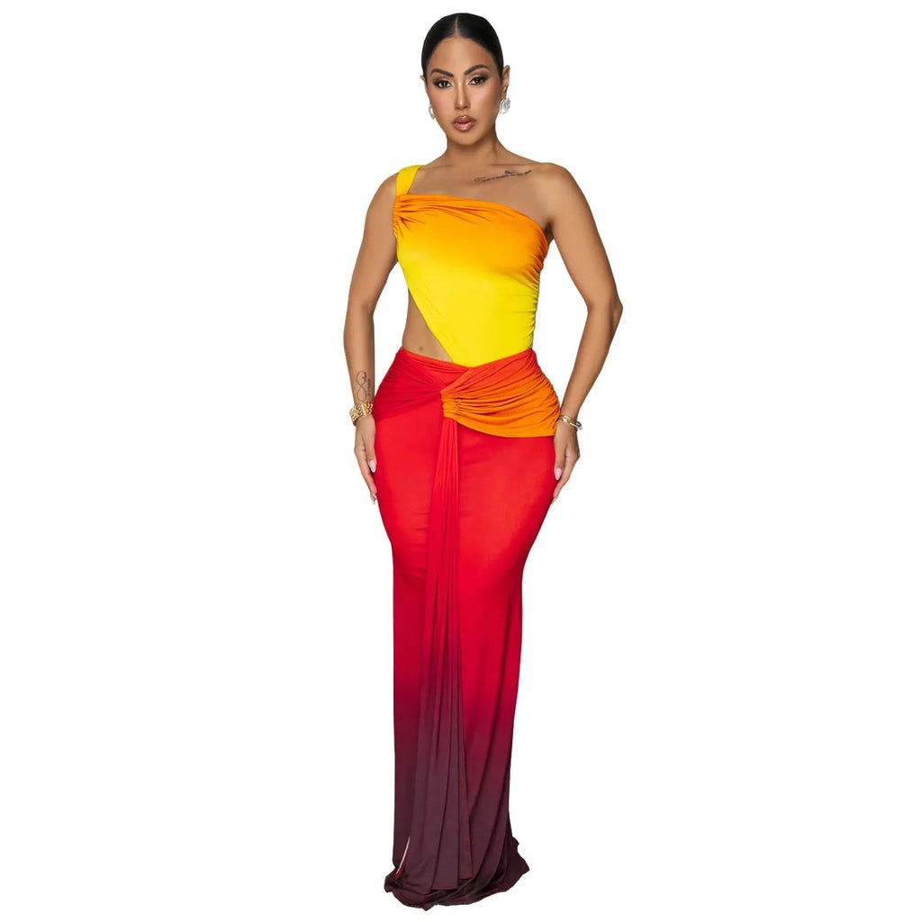 Women's gradient colour cross-shoulder sleeveless dress with high waist and long one-step skirt