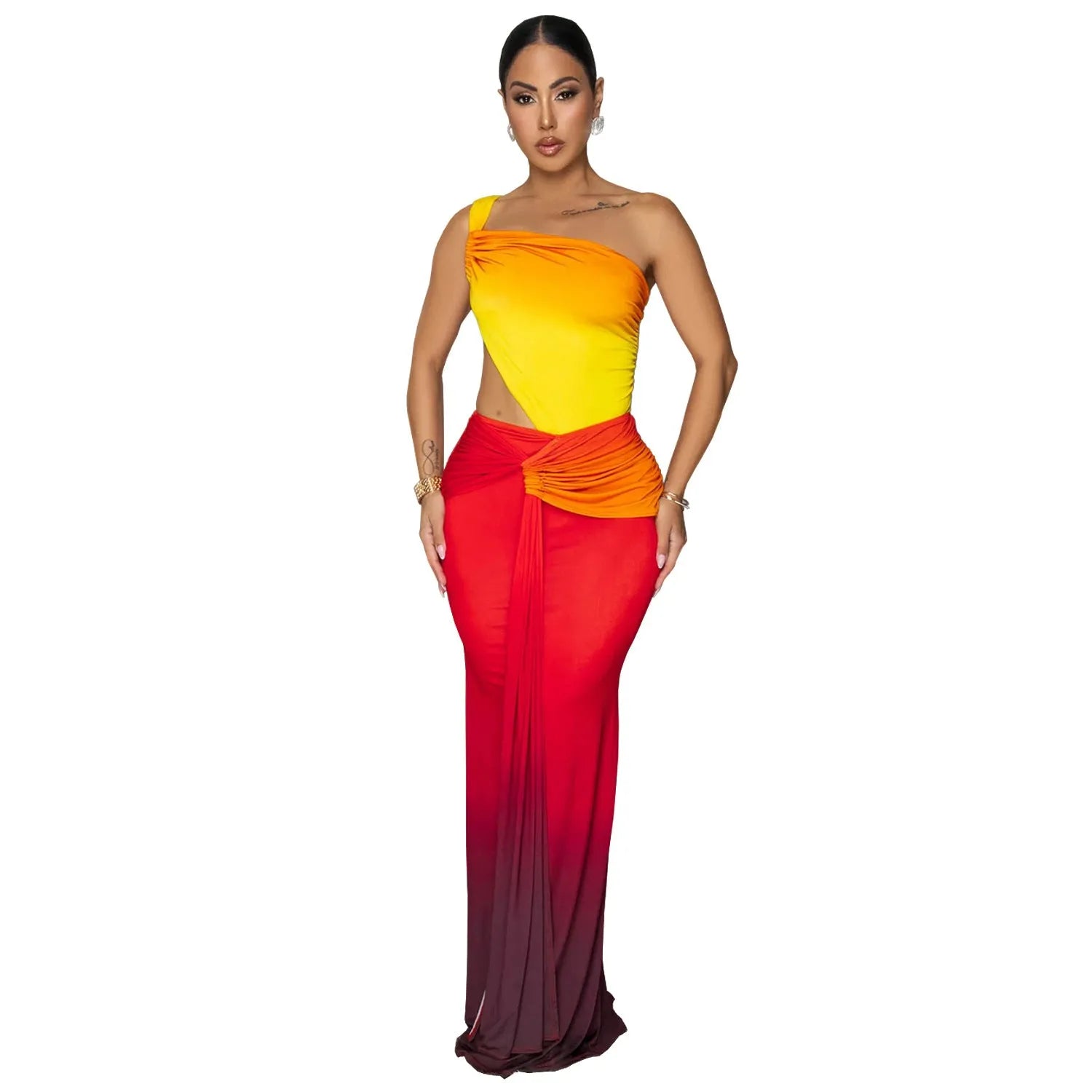 Women's gradient colour cross-shoulder sleeveless dress with high waist and long one-step skirt