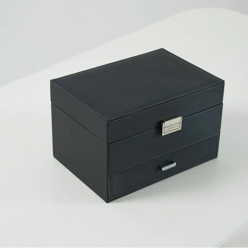 Hard-shell PU leather jewelry storage box in beige, black, pink, or rose gold.