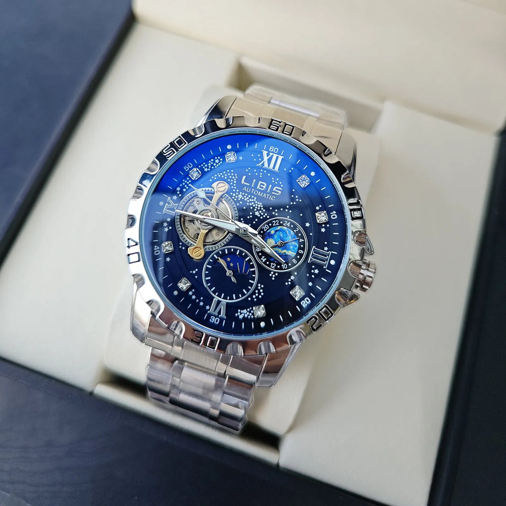 Men's silver automatic mechanical watch with black starry dial and steel bracelet