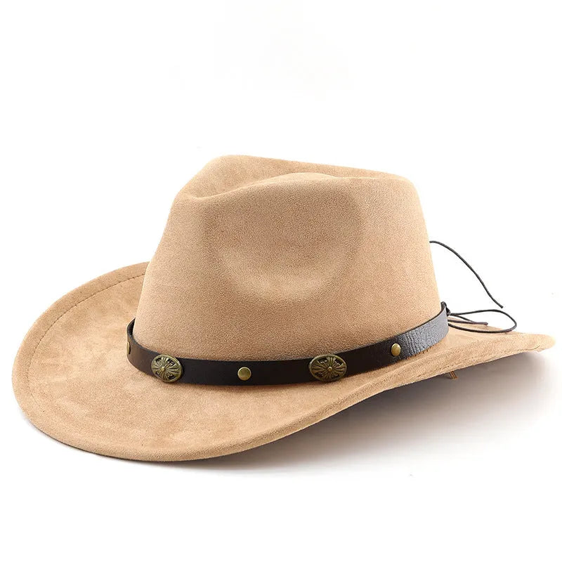 Brown leather velvet Western cowboy hat with a curved edge brim and conical crown.