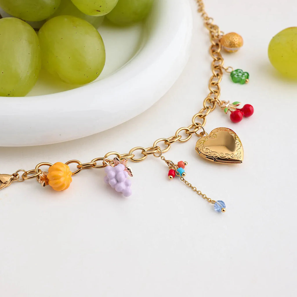 18K gold stainless steel love fruit chain bracelet with grape cherry lemon motifs for women