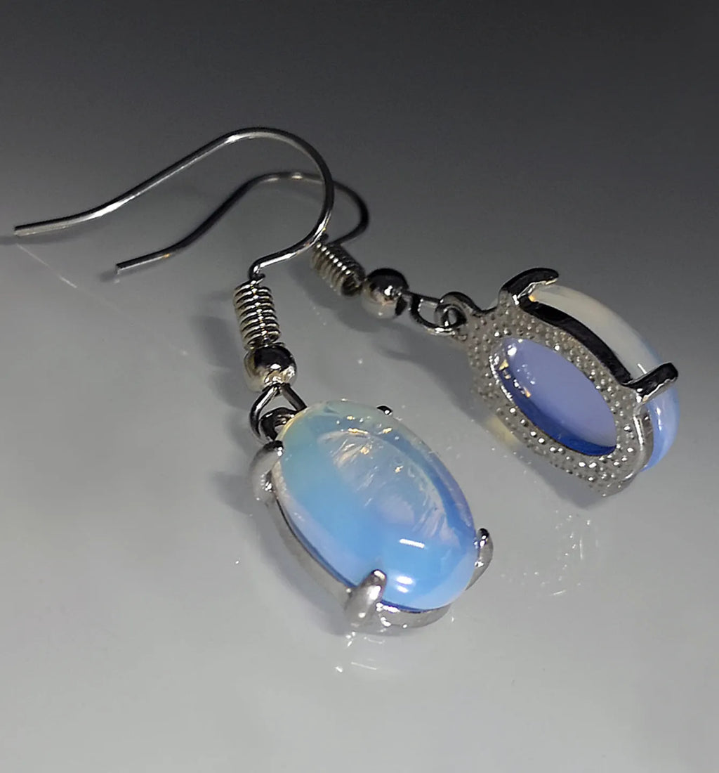 Opal earrings with cross pendant in moonlight white colour, retro moonstone style with drop shape
