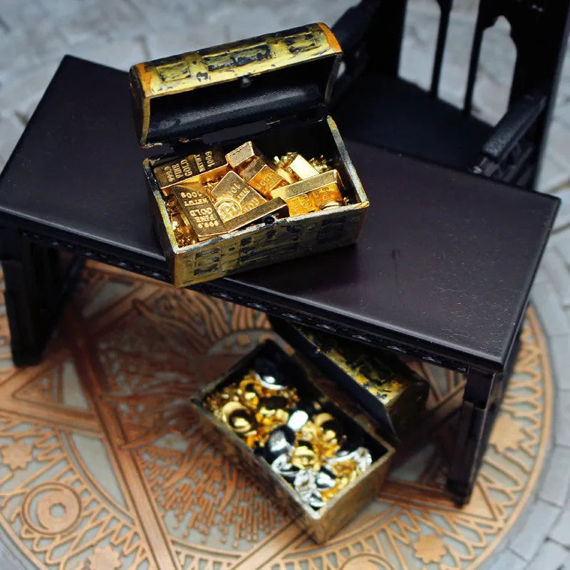 Alloy treasure chest miniature ornaments with gold coins and bars for doll house accessories