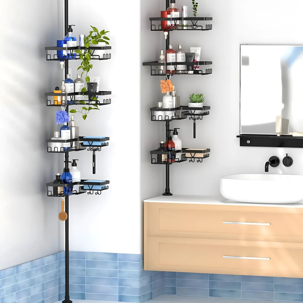 Four-layer retractable bathroom storage rack in stainless steel and iron construction