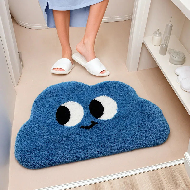 Soft cartoon big eye clouds pattern bathroom mat in green, blue, pink, black, or white.