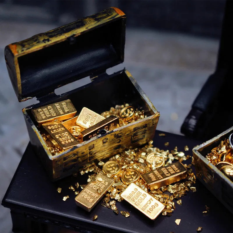 Alloy treasure chest miniature ornaments with gold coins and bars for doll house accessories