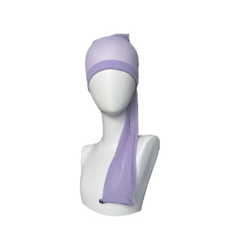 Adjustable spandex mesh wig cap for long hair, shown in multiple colour options including black and leopard print.