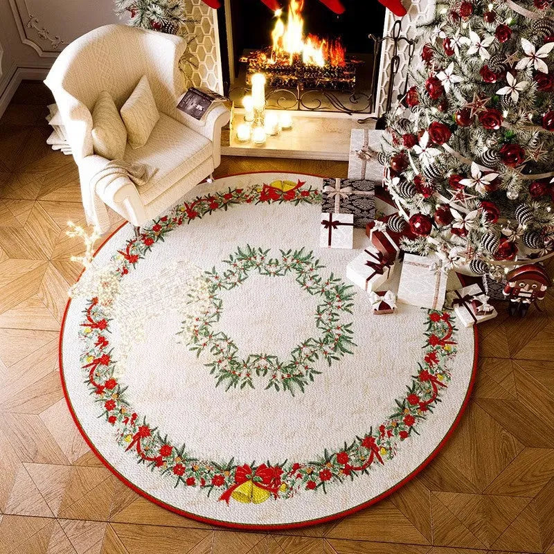 Round red Christmas festive carpet with non-slip backing on living room floor