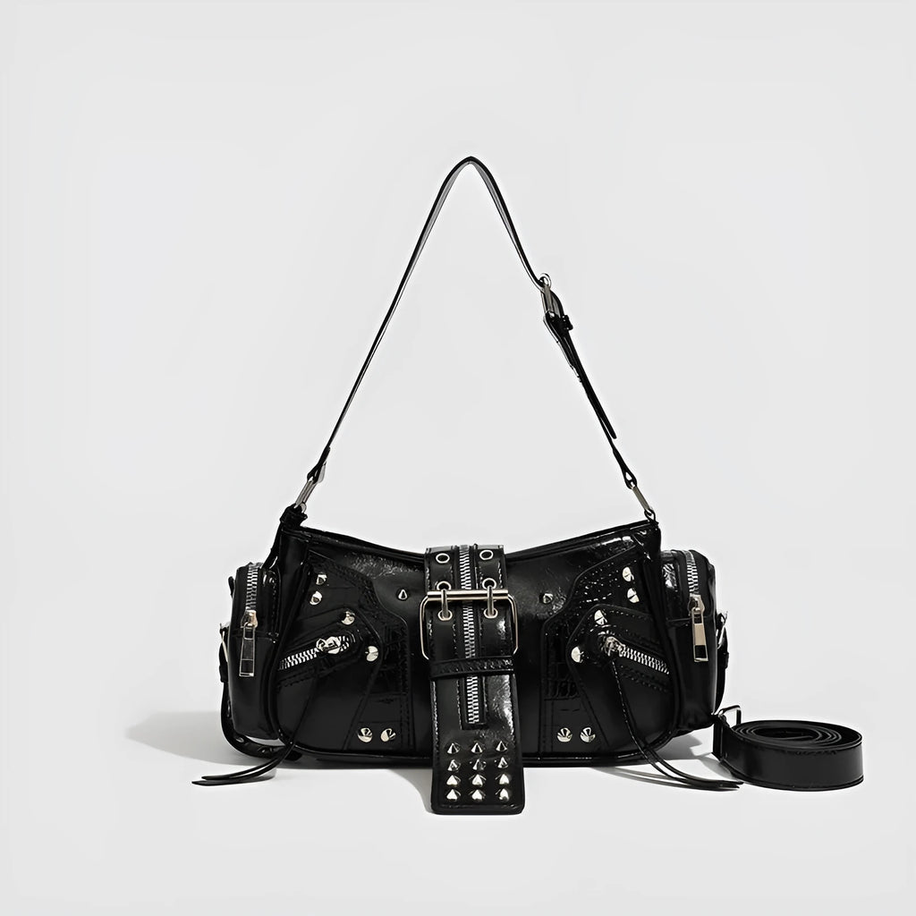 Black oil wax leather retro handbag with multiple compartments and dumpling-shaped design