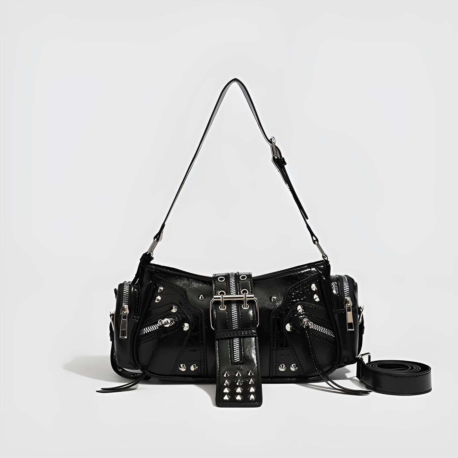 Black oil wax leather retro handbag with multiple compartments and dumpling-shaped design