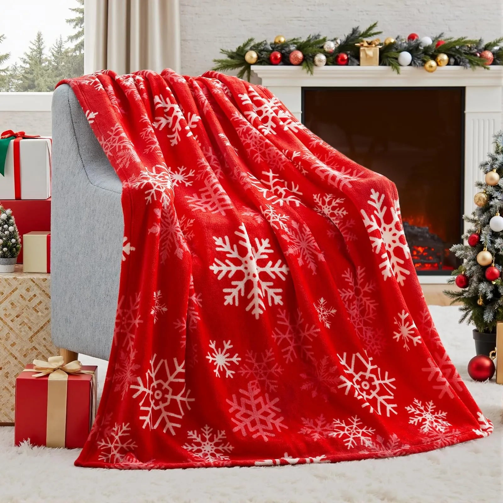 Soft red polyester flannel Christmas blanket with festive pattern draped over a bed