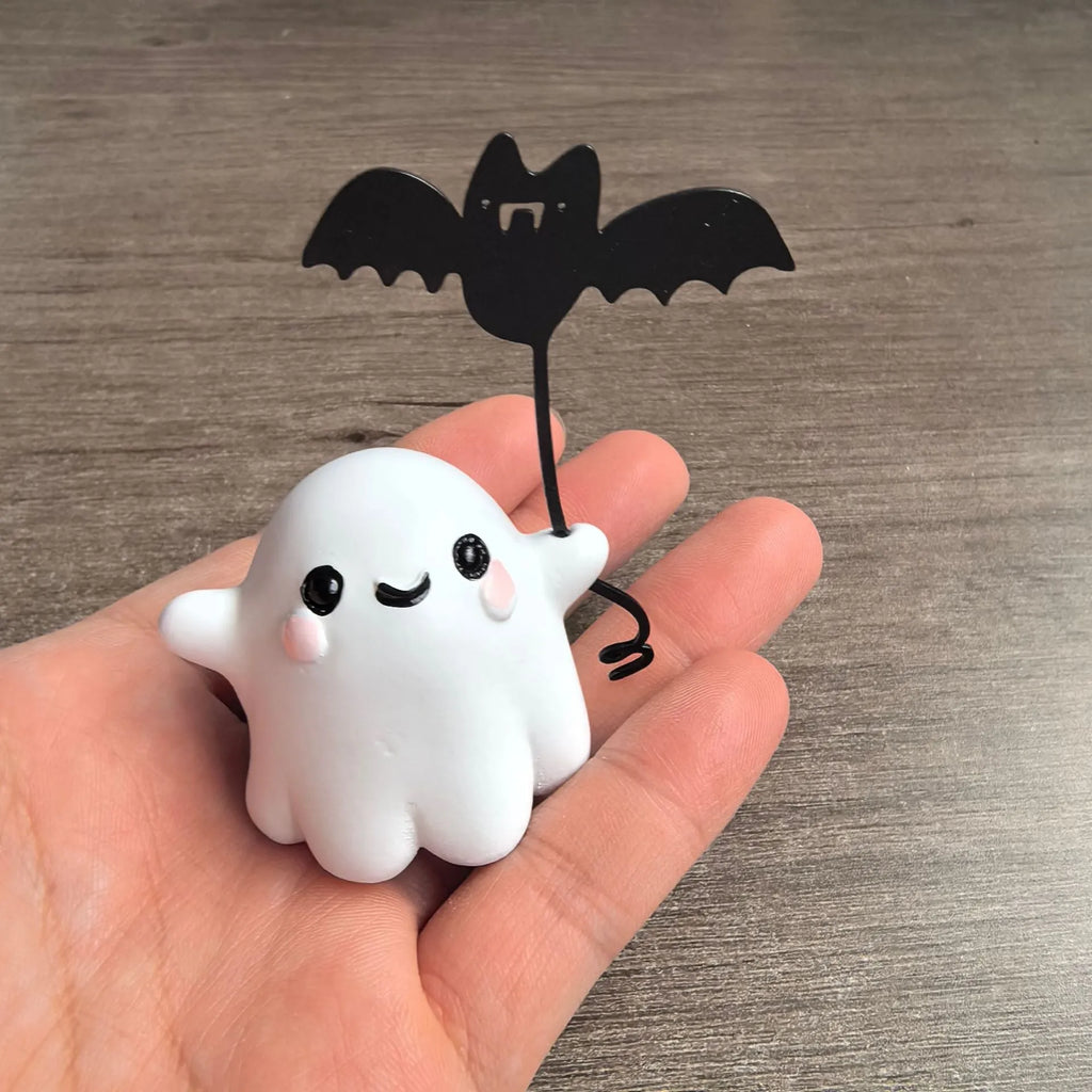 Mini resin ghost walking dog statue holding a bat, Halloween decoration