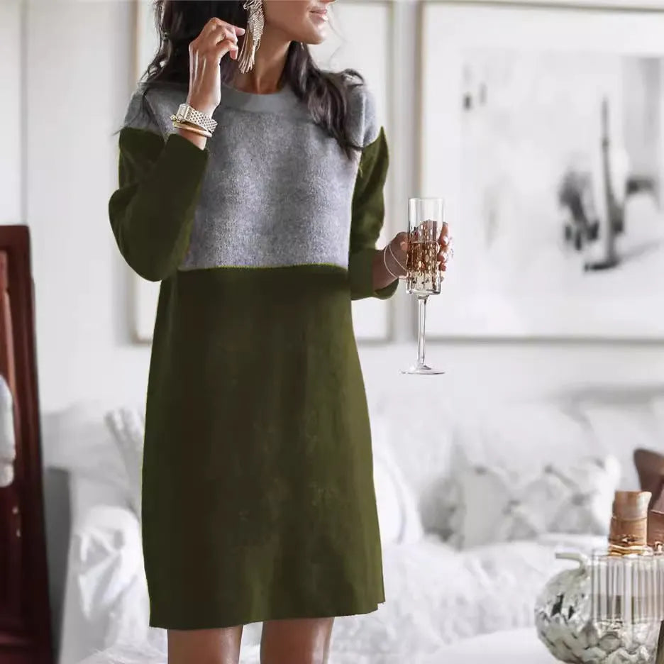 Brown polar fleece patchwork dress with long sleeves and round neck collar