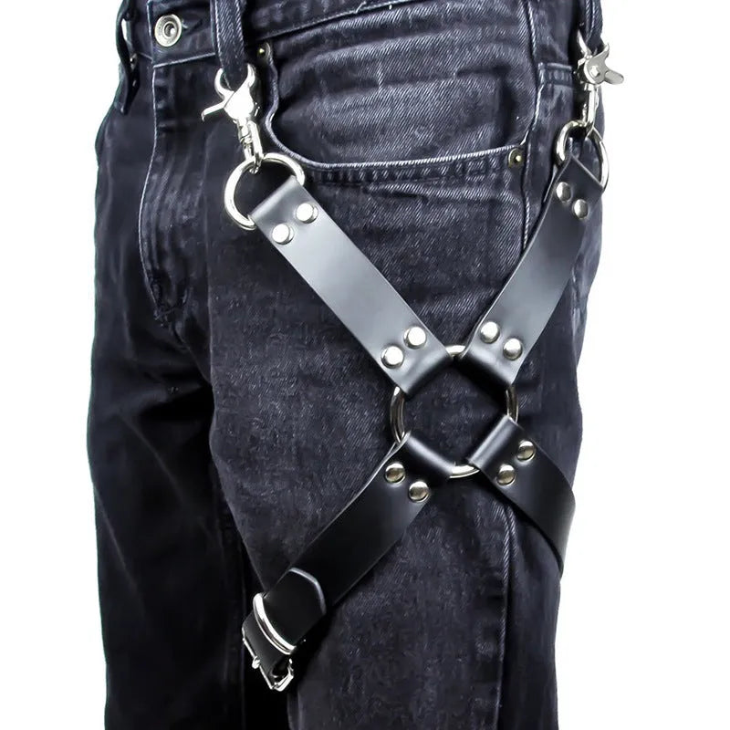 Black PU leather leggings with leather accessories attached to the legs