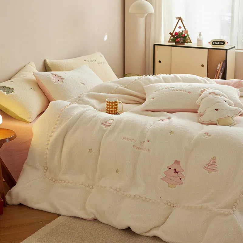 Milk fibre four-piece bedding set with green Christmas tree pattern including sheet, quilt cover and pillowcases