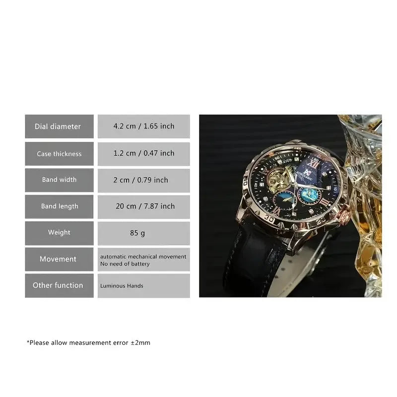 Men's automatic mechanical watch with hollow skeleton dial and rose gold shell casing