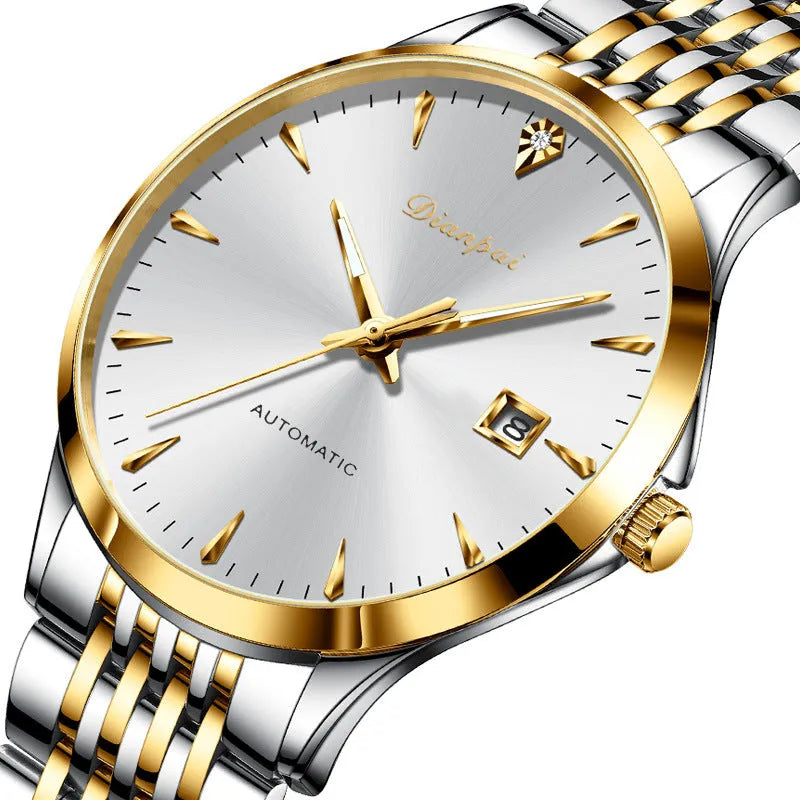 Men's simple dial automatic mechanical watch with stainless steel strap in golden black finish.