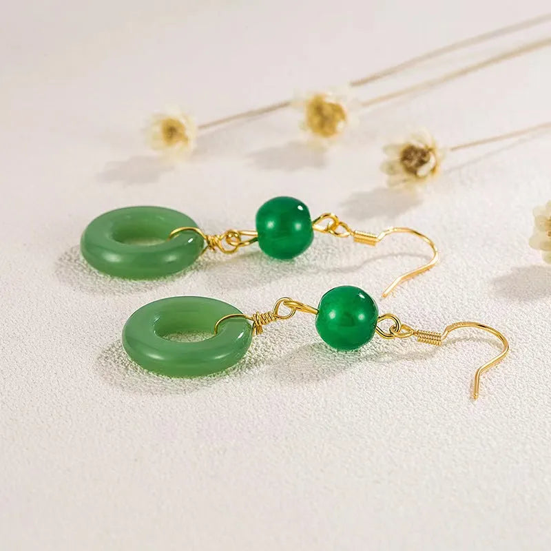 Green geometric peace buckle Chinese-style earrings made from zinc alloy with 14K gold purity plating