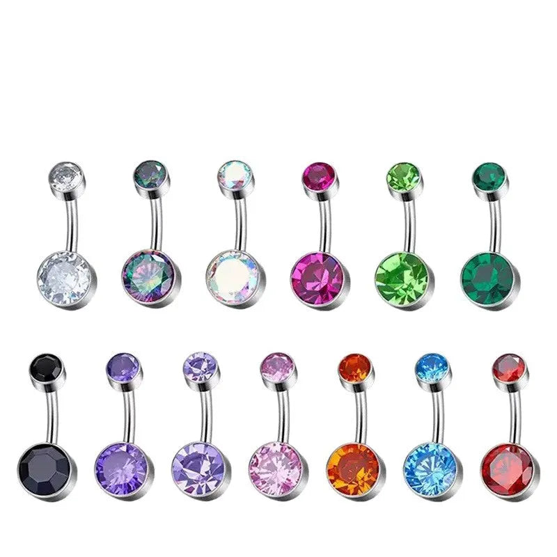 Titanium alloy double-headed zircon navel stud showing colour options and 1.6mm thickness