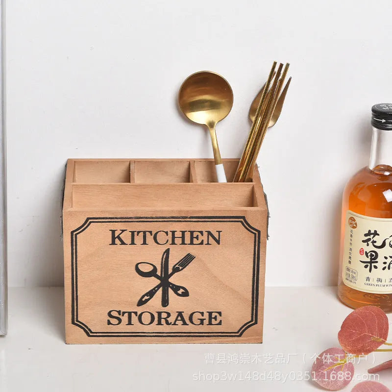 Wooden kitchen storage box for cutlery and chopsticks with divider grids