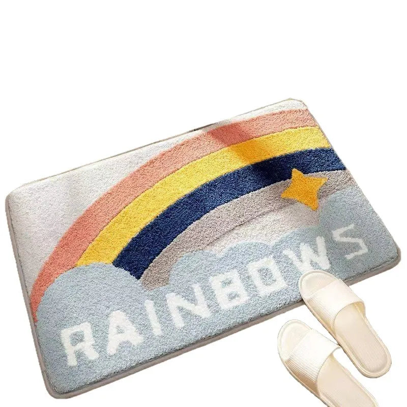 Square rainbow print carpet mat in Sky Sea colour with a plastic anti-slip bottom, shown in two sizes.