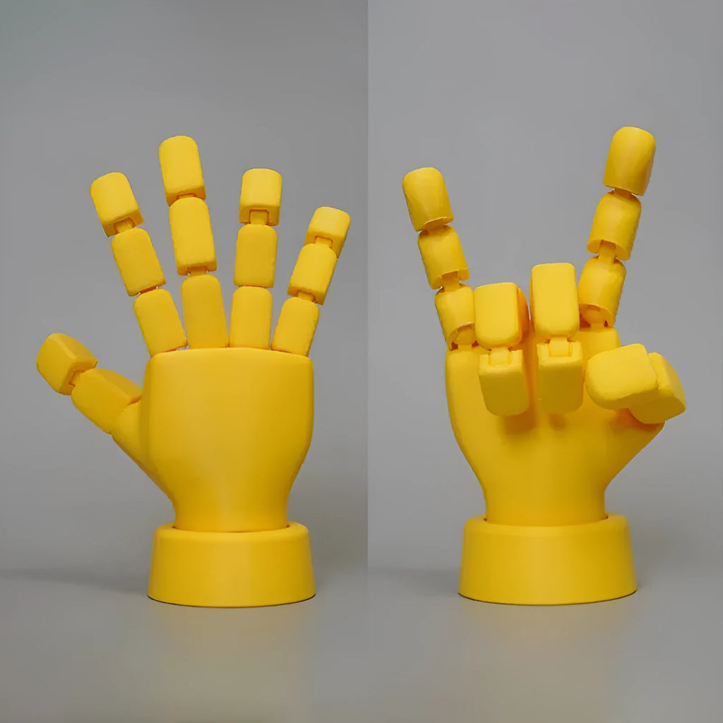 Yellow movable joint hand props ornament with American style design on display surface