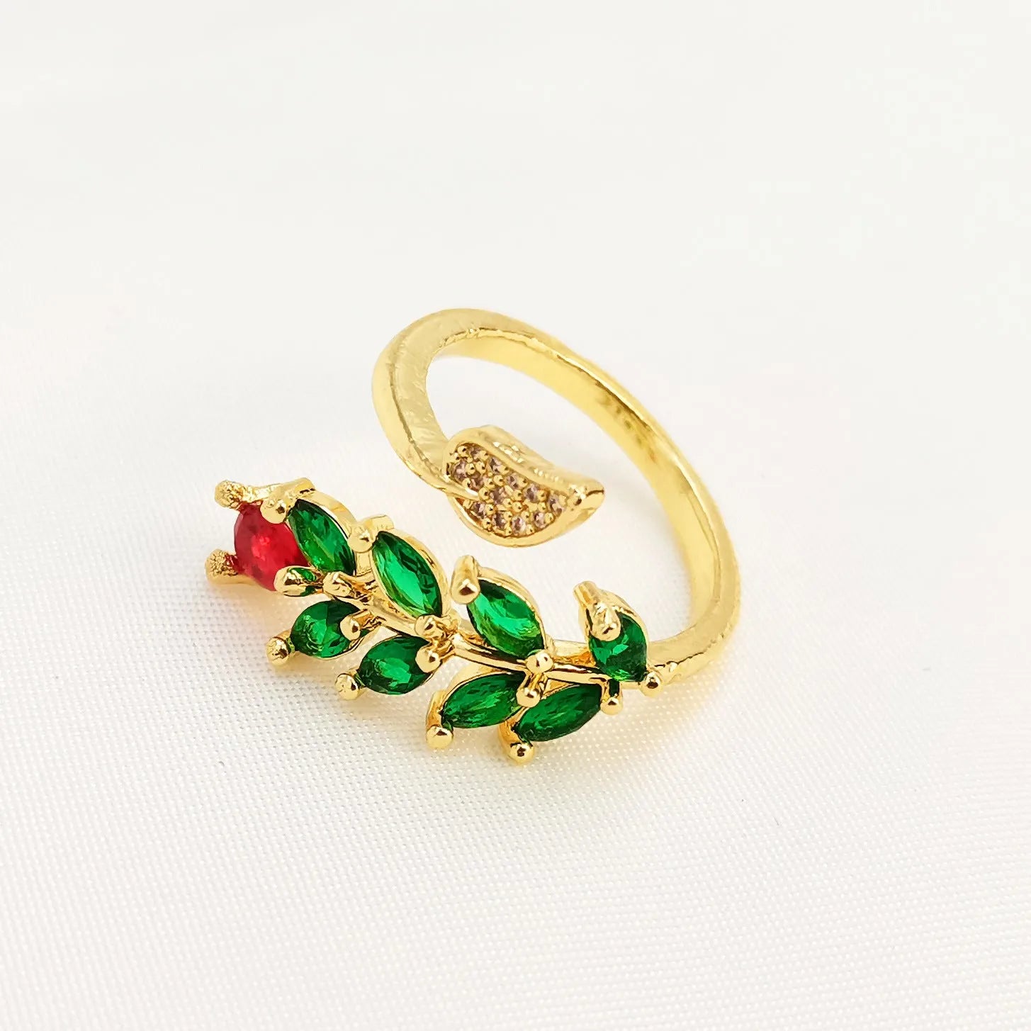 Copper geometric open ring with leaf design and micro inlaid detailing on finger