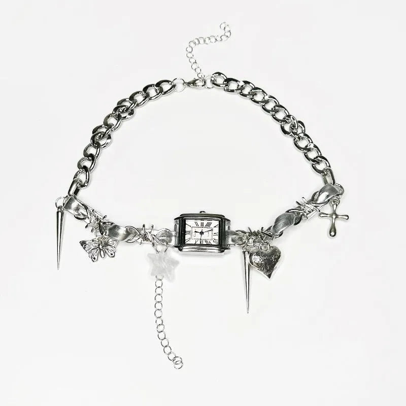 Dark style women's twin-layer necklace with cross pendant on adjustable 41cm–50cm alloy chain