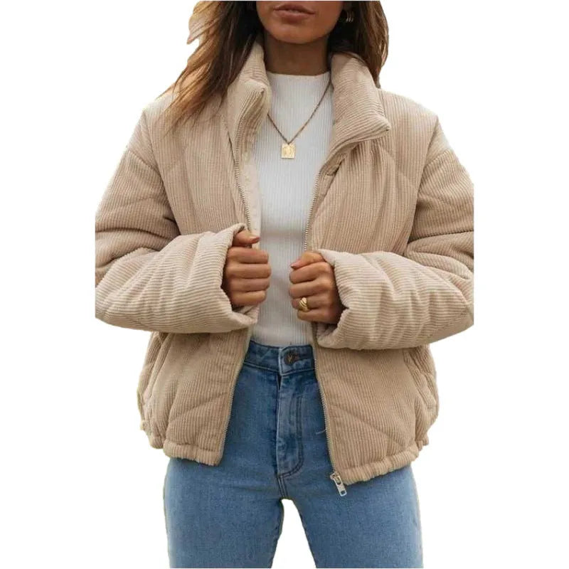 Women's apricot-coloured corduroy jacket with a stand collar and front zipper, laid flat.